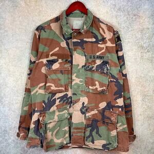 Vintage US Army Military Camo Shirt Mens M Woodland Field Patch 80s Long Sleeve